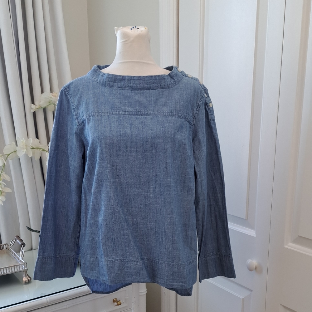 J.Crew Factory Womens‎ Chambray Denim Tunic Boat Neck Blouse Buttons S-8